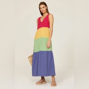 Marine Layer Corinne Double Cloth Maxi Dress in Rainbow Block Stripe Size XL